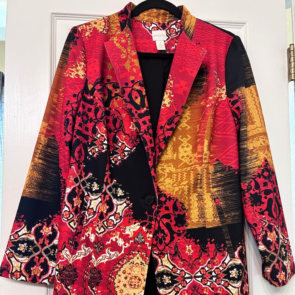 Chico’s Statement Blazer Red Black Gold Tapestry Print Jacket Size 1